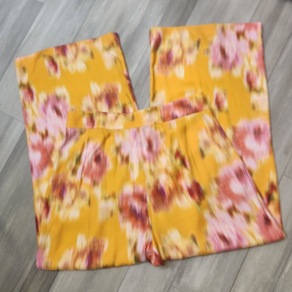 Ted Baker Pants Women's 8 Yellow Pink Hitako Floral Blured Wide Leg New $245 - Picture 11 of 16